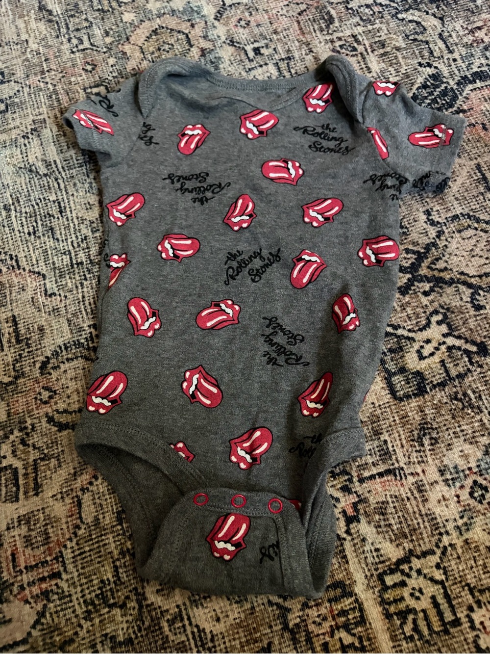 The Rolling Stones Gray Baby Bodysuit with Red Tongue Pattern
